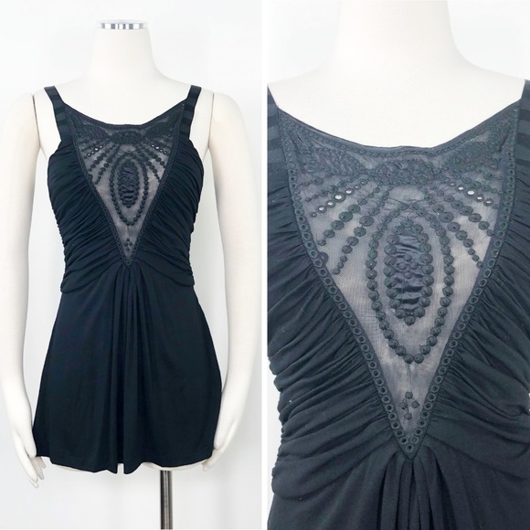 Catherine Malandrino Black Ruched Sheer Strap Tank